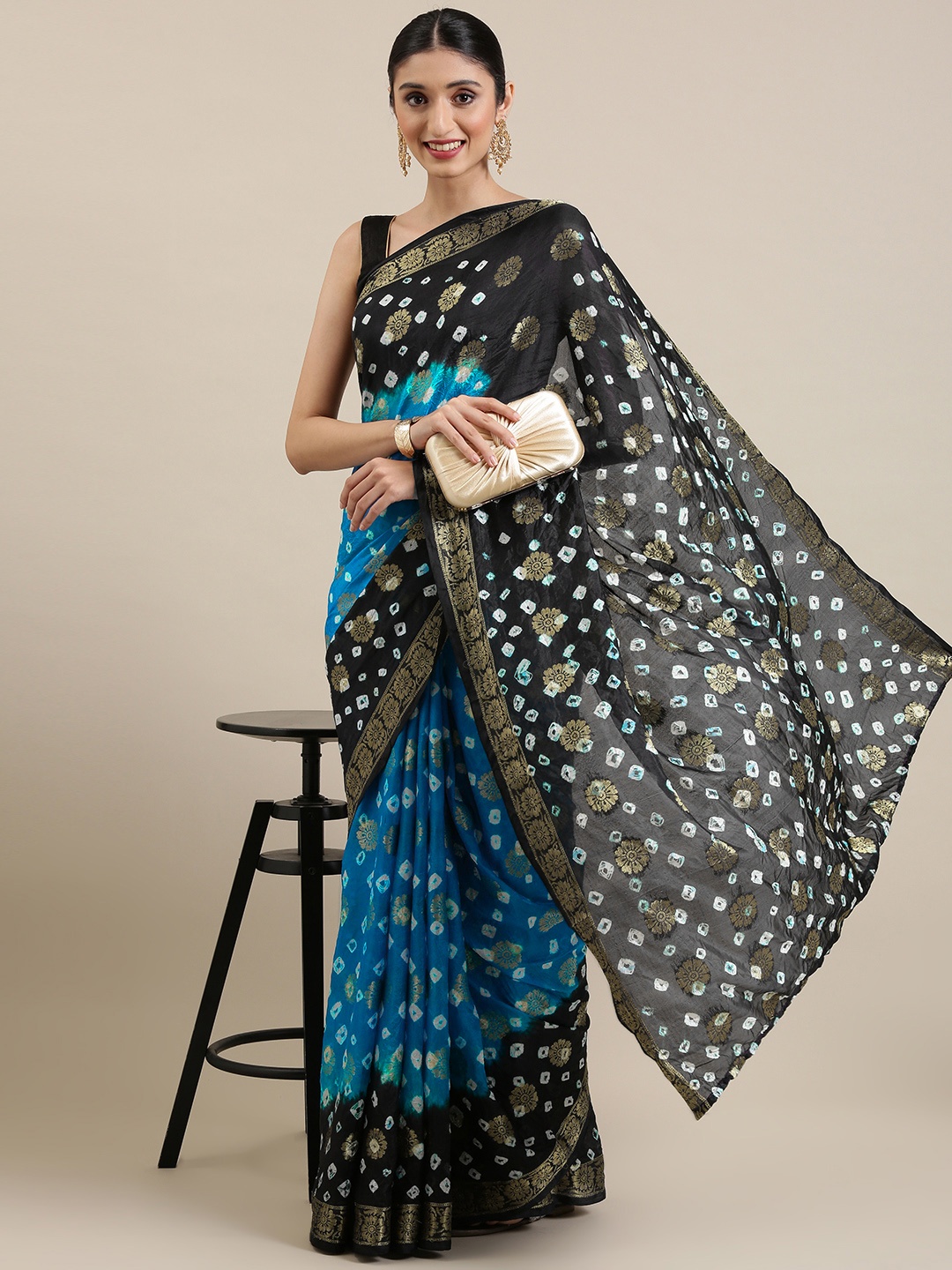 

KALINI Blue & Black Bandhani Art Silk Saree