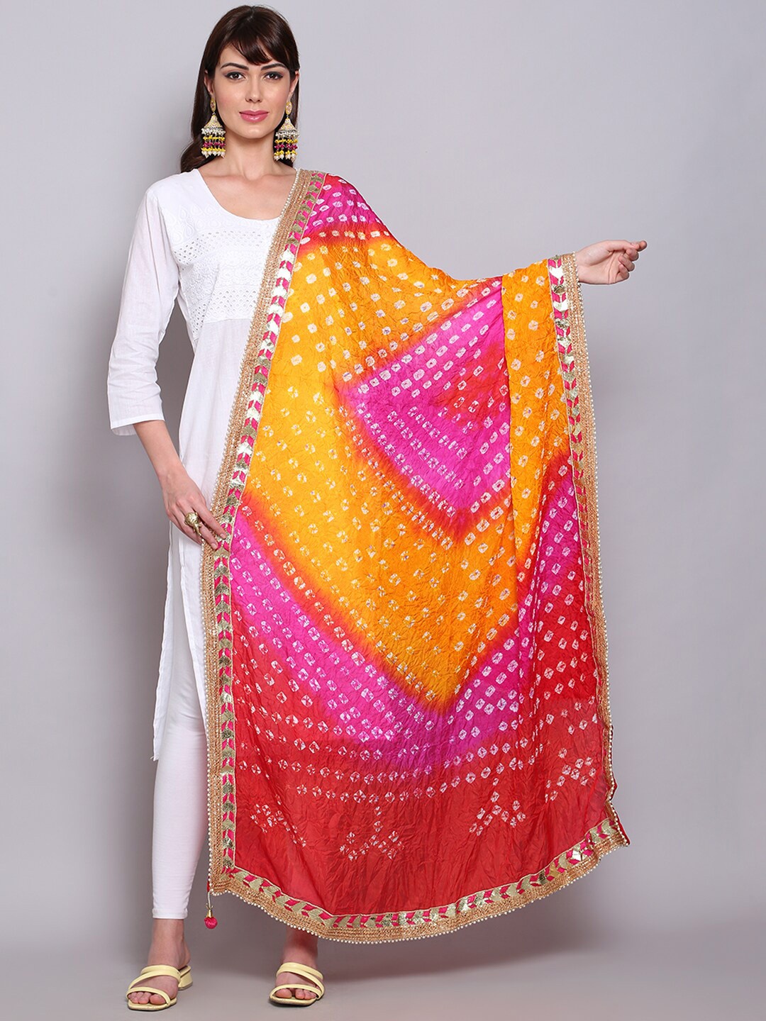 

Miaz Lifestyle Red & Yellow Woven Design Art Silk Bandhani Dupatta with Gotta Patti