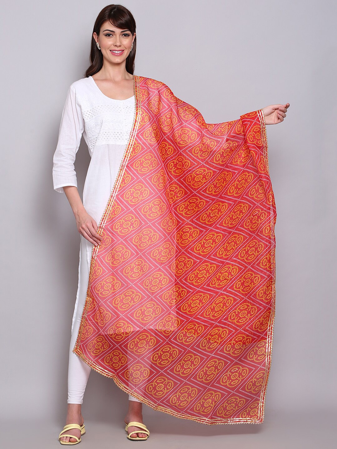 

Miaz Lifestyle Red & Yellow Ethnic Motifs Printed Cotton Silk Bandhani Dupatta with Gotta Patti
