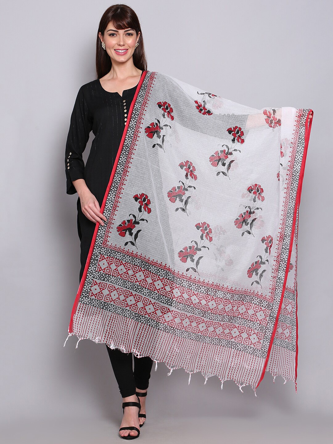 

Miaz Lifestyle Women White & Red Printed Dupatta