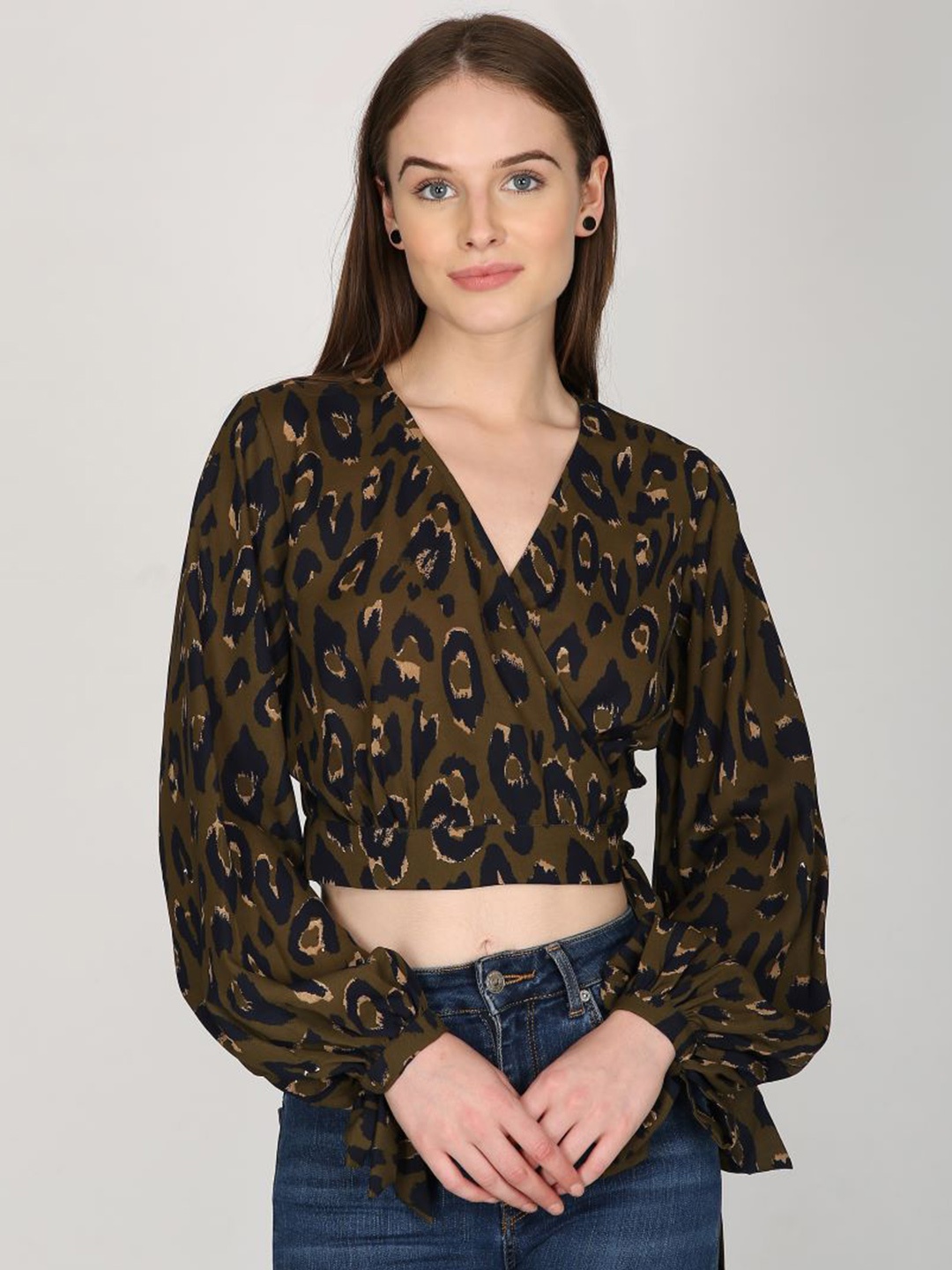 

I Love She Olive Green Floral Print Wrap Crop Top