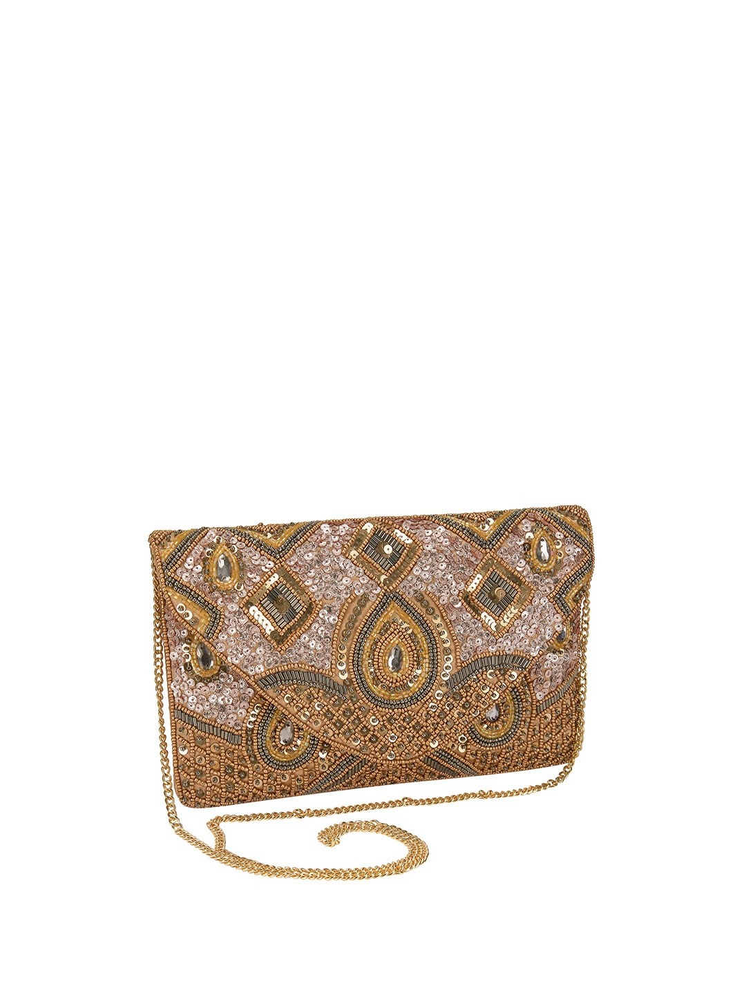 

INAAYA Women Gold-Toned & Rose Gold Embellished Envelope Clutch With Shoulder Straps