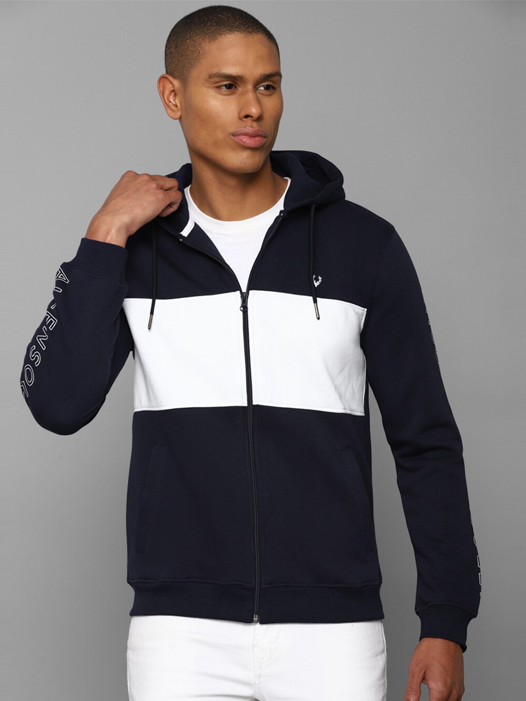 

Allen Solly Men Navy Blue Colourblocked Hooded Sweatshirt