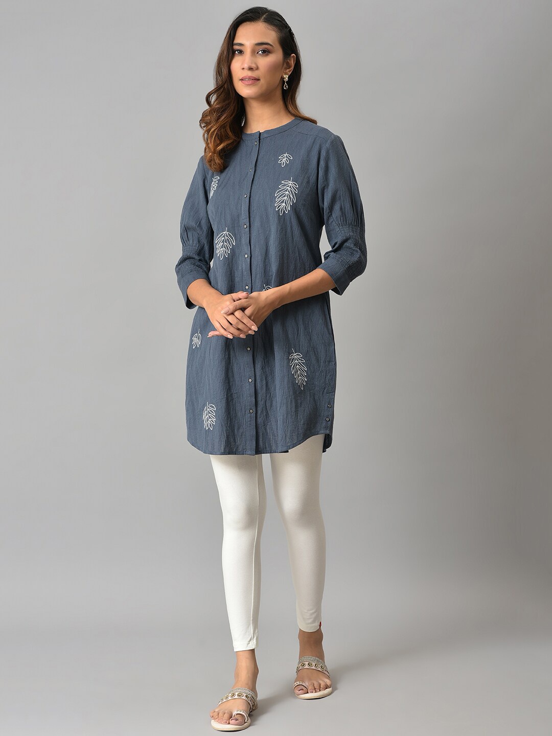 

W Women Blue Floral Embroidered Cotton Tunic