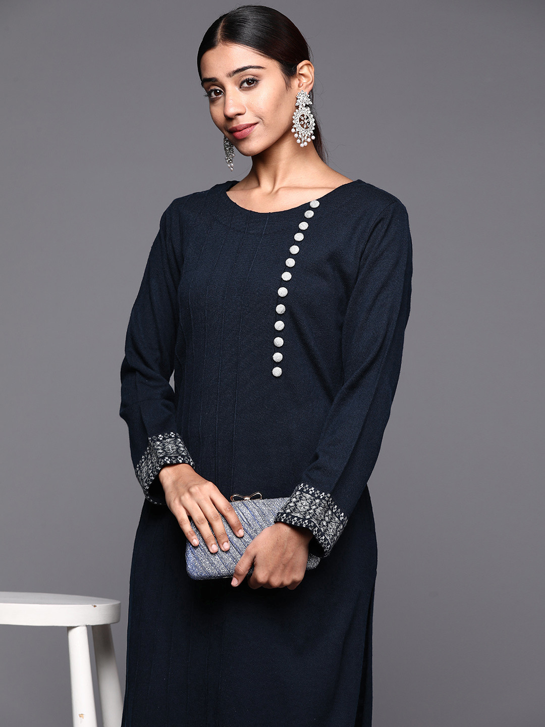 

Libas Women Navy Blue Solid Button Detail Wool Straight Kurta
