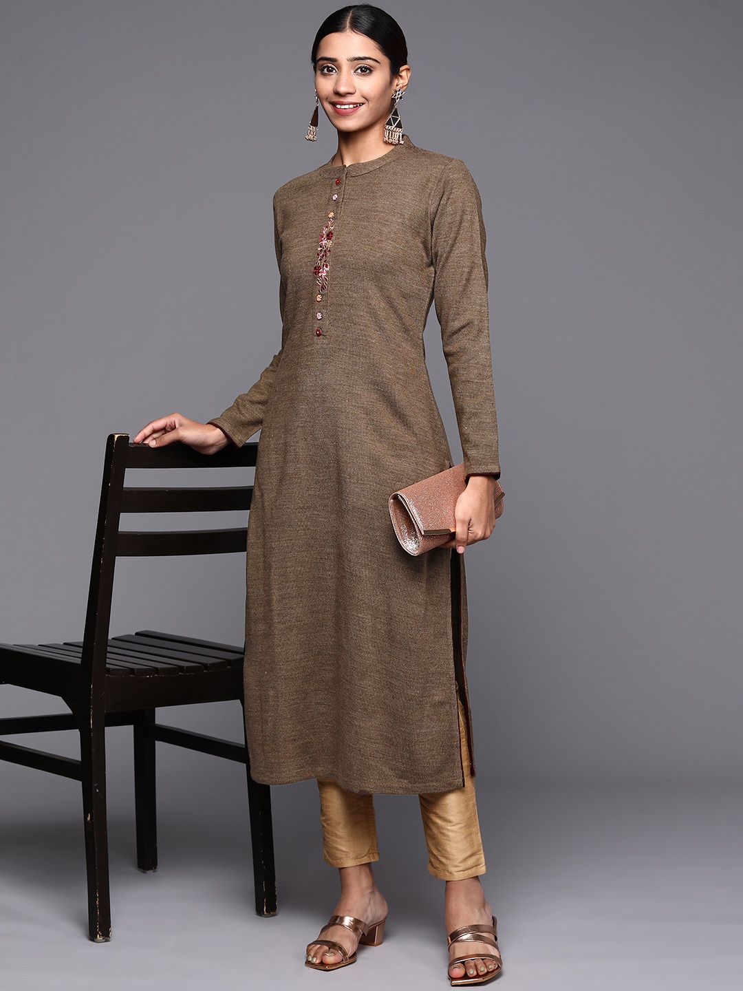 

Libas Women Brown Floral Embroidered Yoke Design Wool Straight Kurta