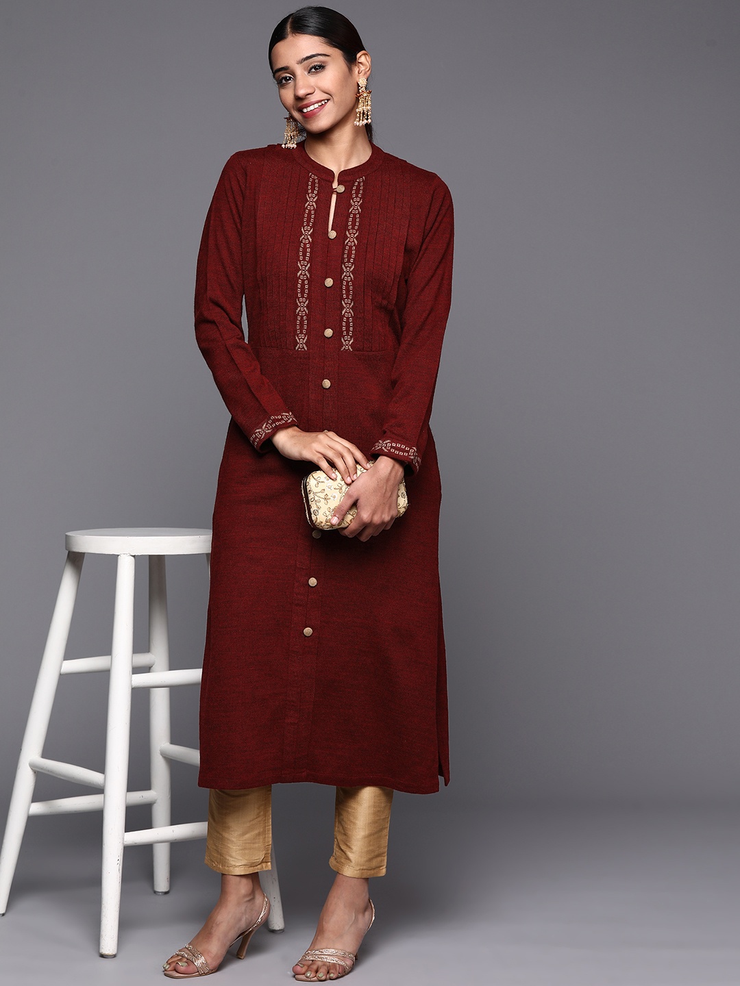 

Libas Women Maroon Ethnic Motifs Woven Design Wool Straight Kurta
