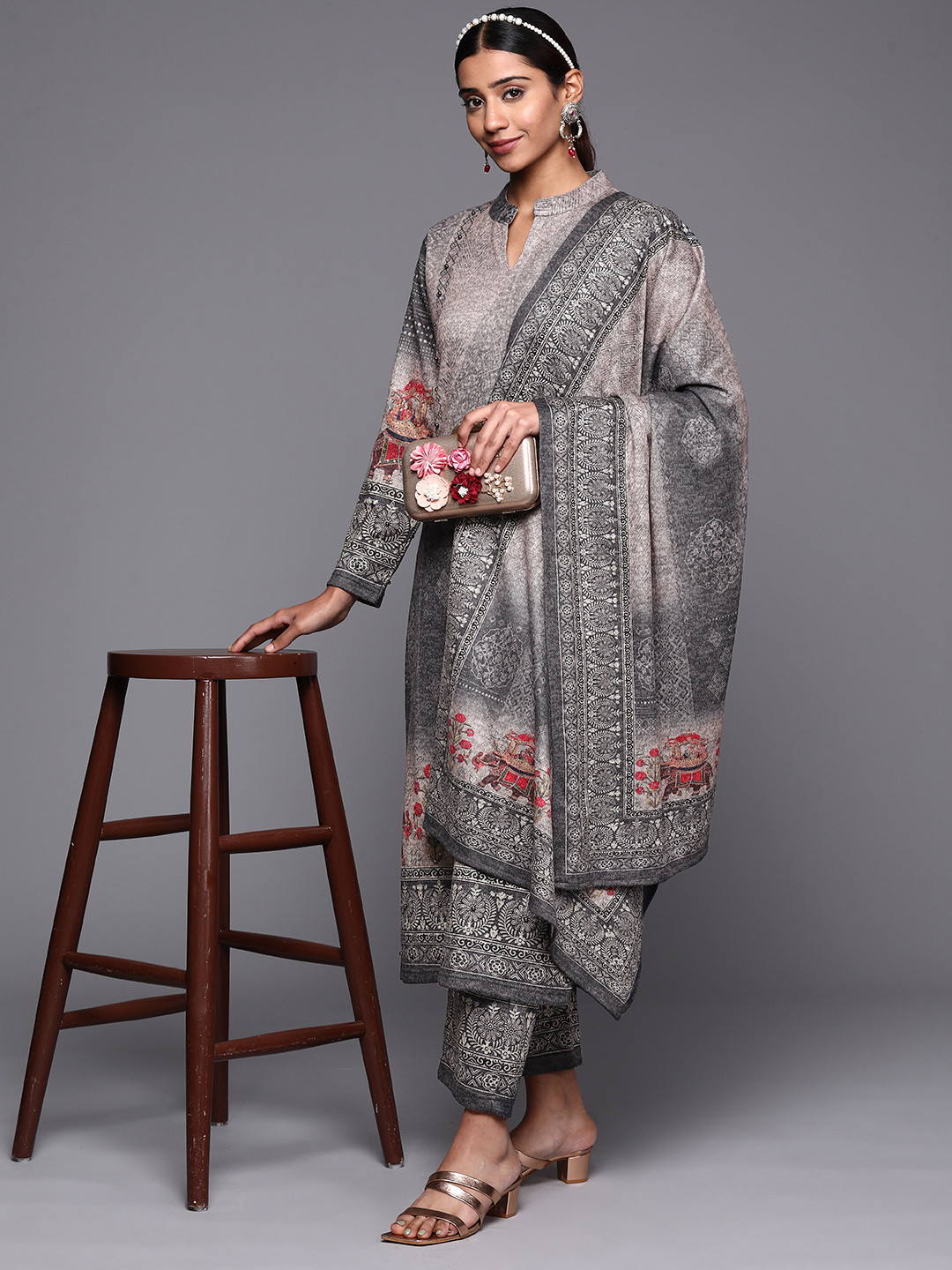 

Libas Women Ethnic Motifs Beads and Stones Pashmina Wool Kurta with Trousers & Dupatta, Grey
