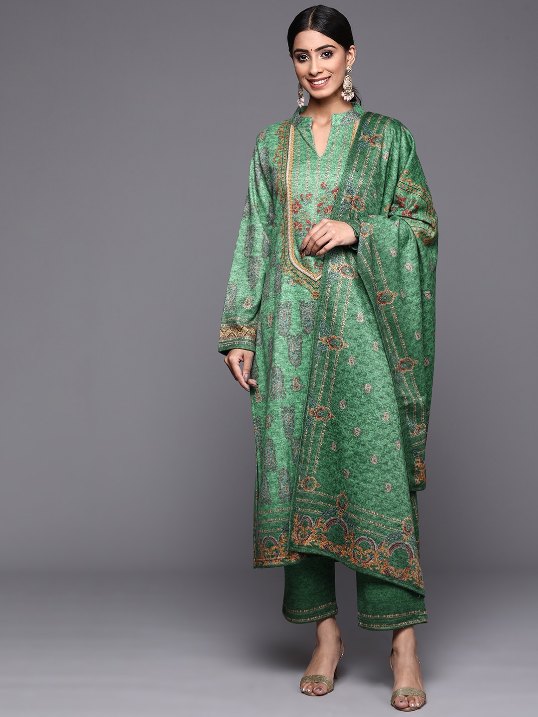 

Libas Women Green Ethnic Motifs Printed Wool Kurta with Trousers & Dupatta