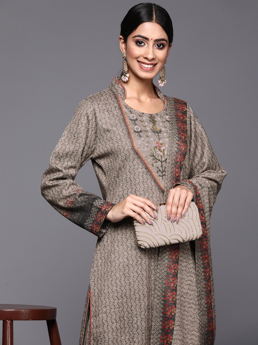 

Libas Women Taupe Floral Printed Sequinned Wool Kurta with Trousers & Dupatta