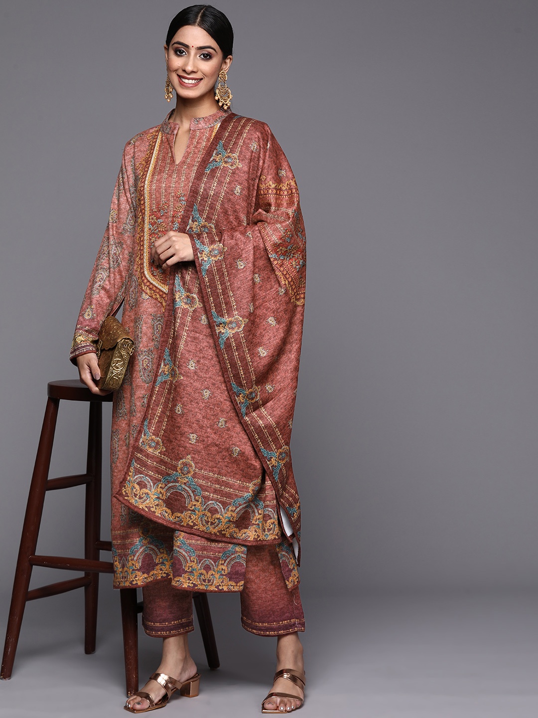 

Libas Women Pink Ethnic Motifs Printed Wool Kurta with Trousers & Dupatta