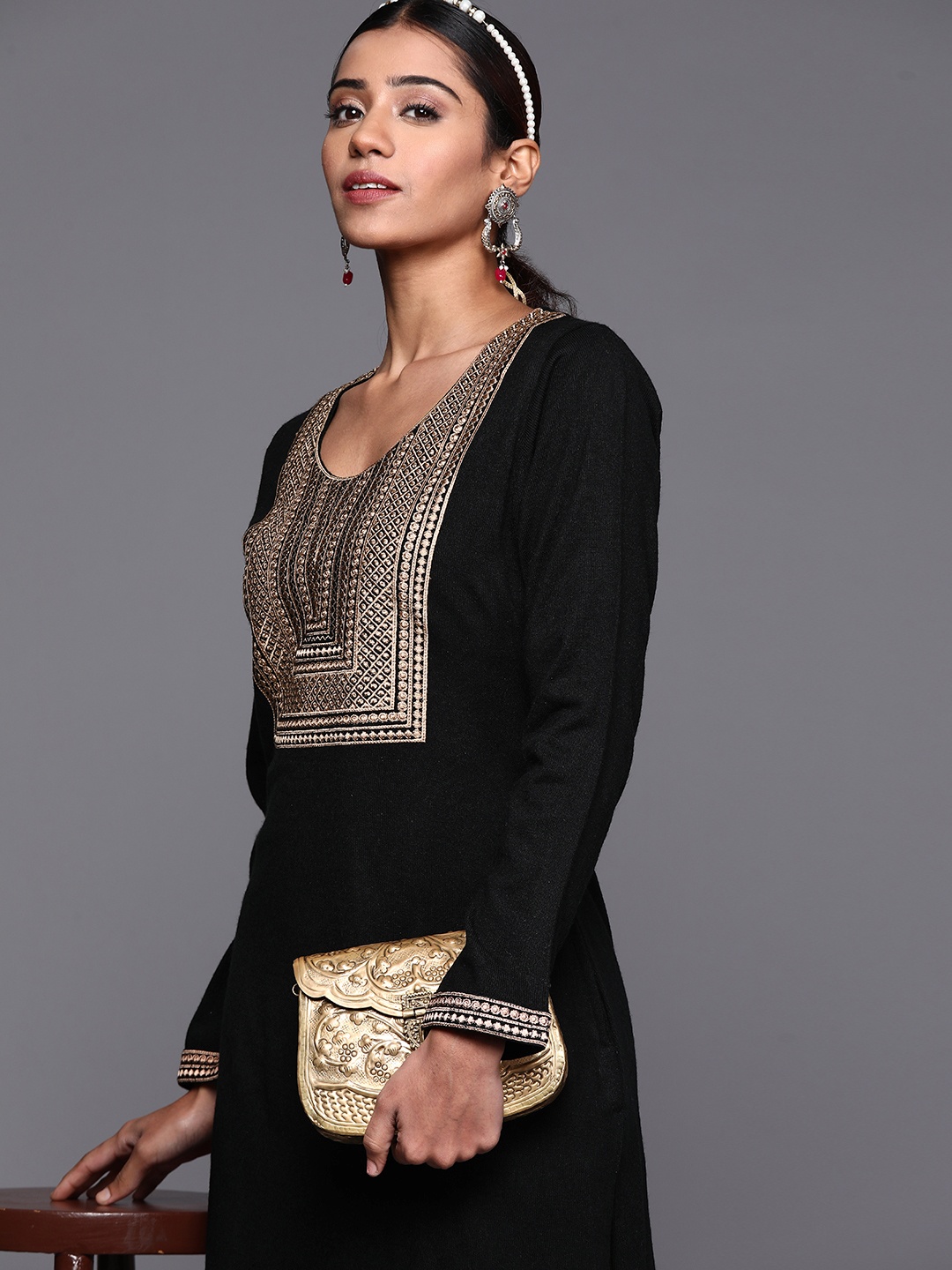 

Libas Women Black Yoke Design Thread Work Wool Straight Kurta