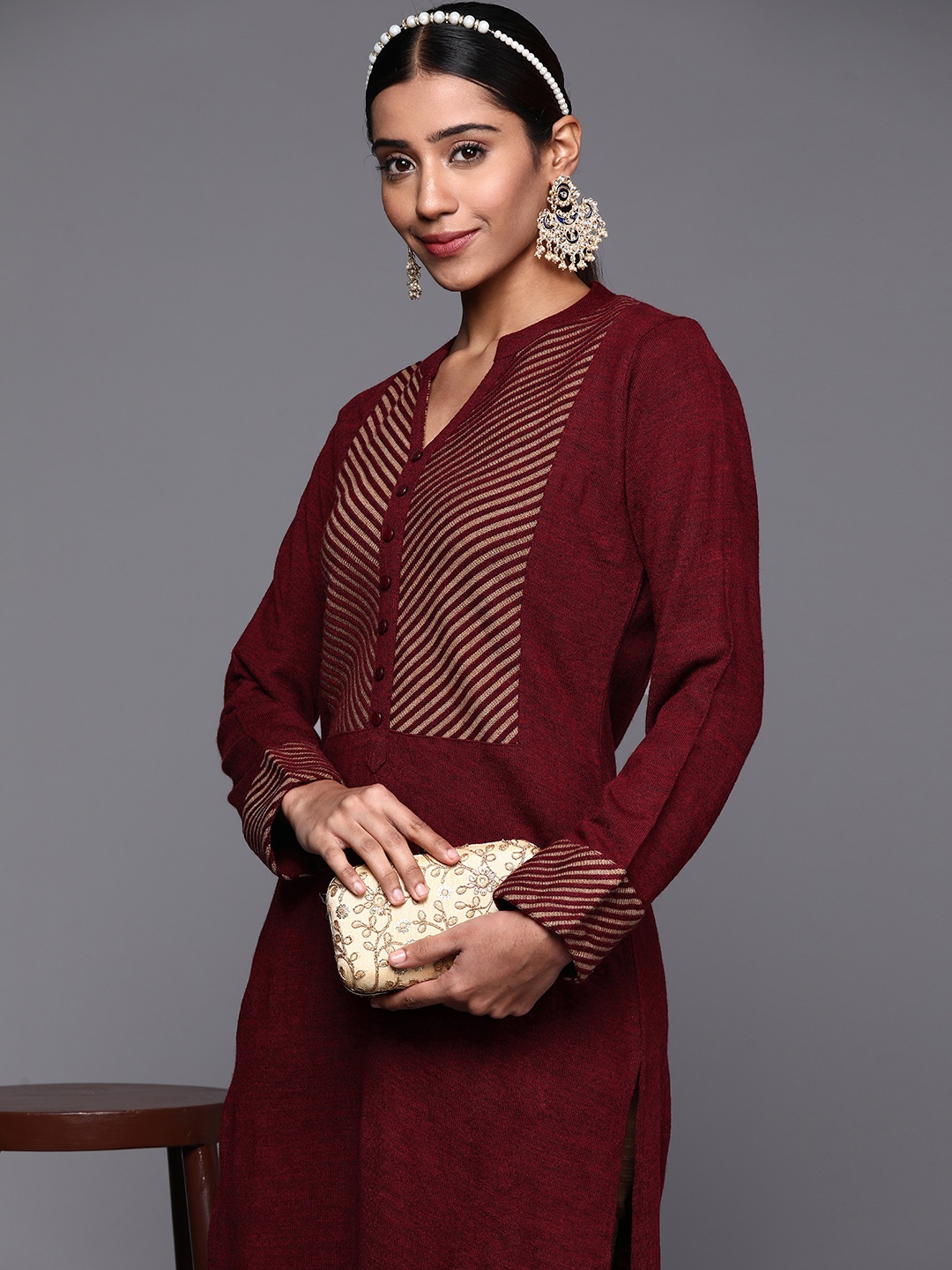 

Libas Women Maroon Yoke Design Wool Straight Kurta