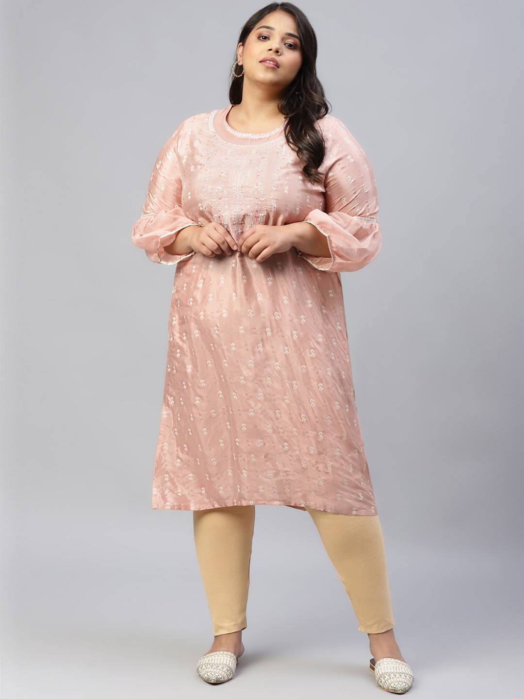

W Women Pink & White Floral Embroidered Bell Sleeves Handloom Kurta