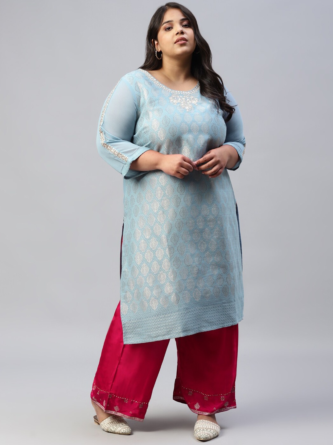 

W Women Blue Ethnic Motifs Woven Design Kurta