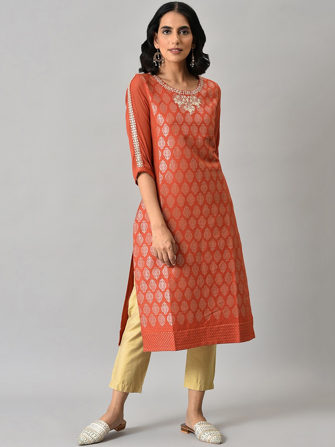 

W Women Orange Ethnic Motifs Woven Design With Zari Work Kurta