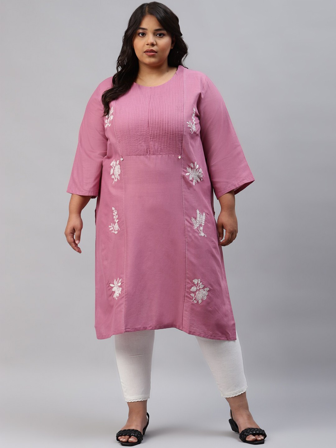 

W Women Pink Floral Embroidered Flared Sleeves Kurta