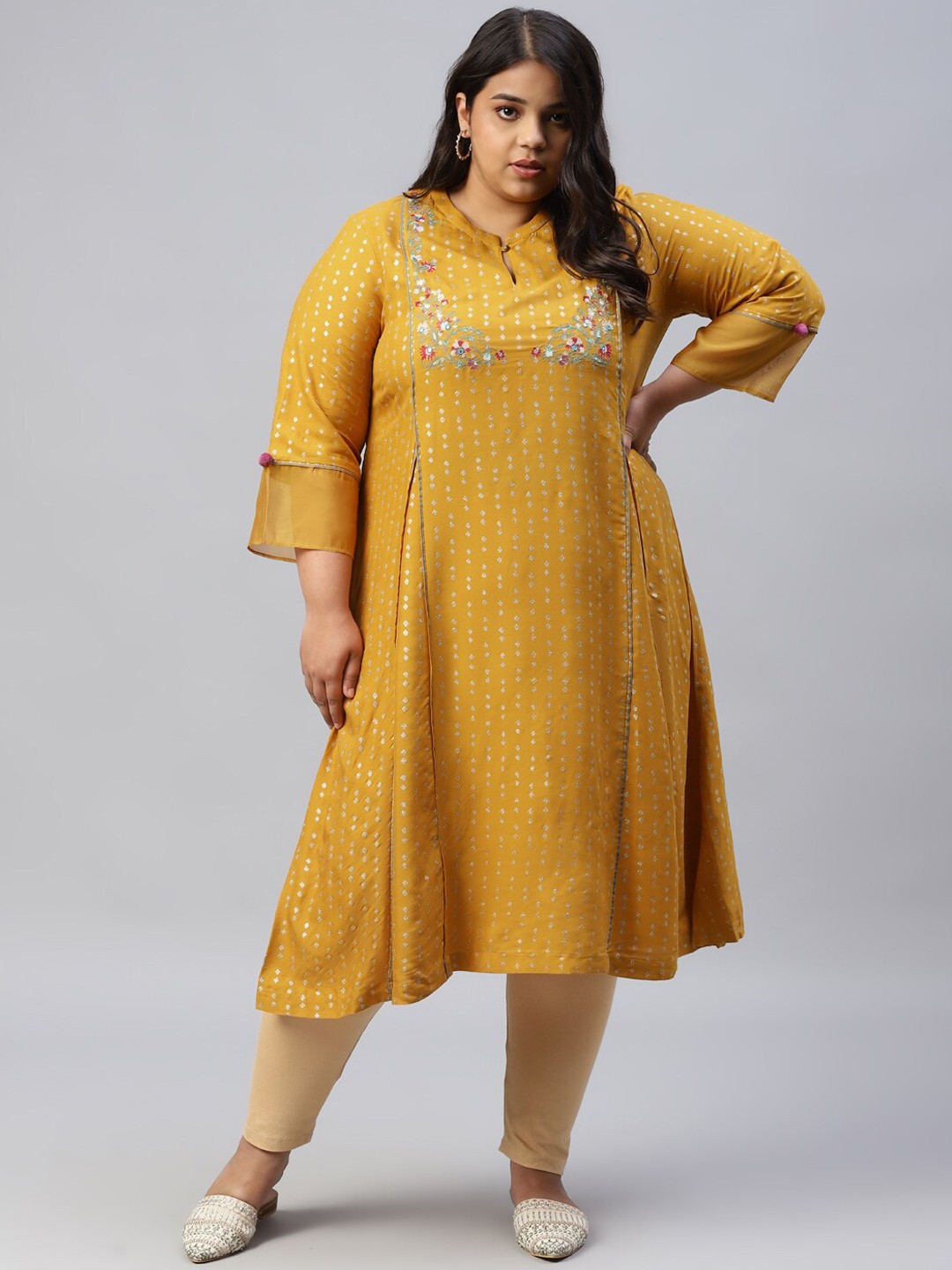 

W Women Yellow Printed Flared Sleeves Thread Work Kurta