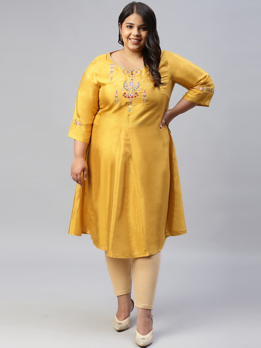 

W Women Yellow Flared Sleeves Thread Work Kurta