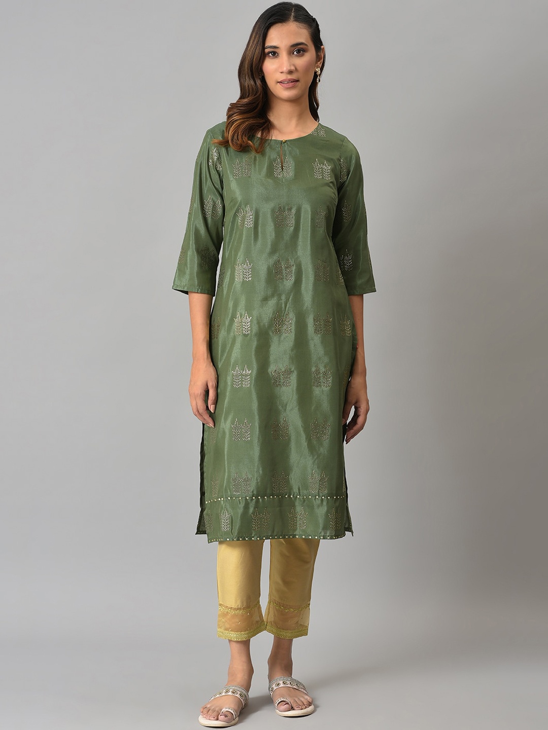 

W Women Green Ethnic Motifs Embellished Keyhole Neck Kurta