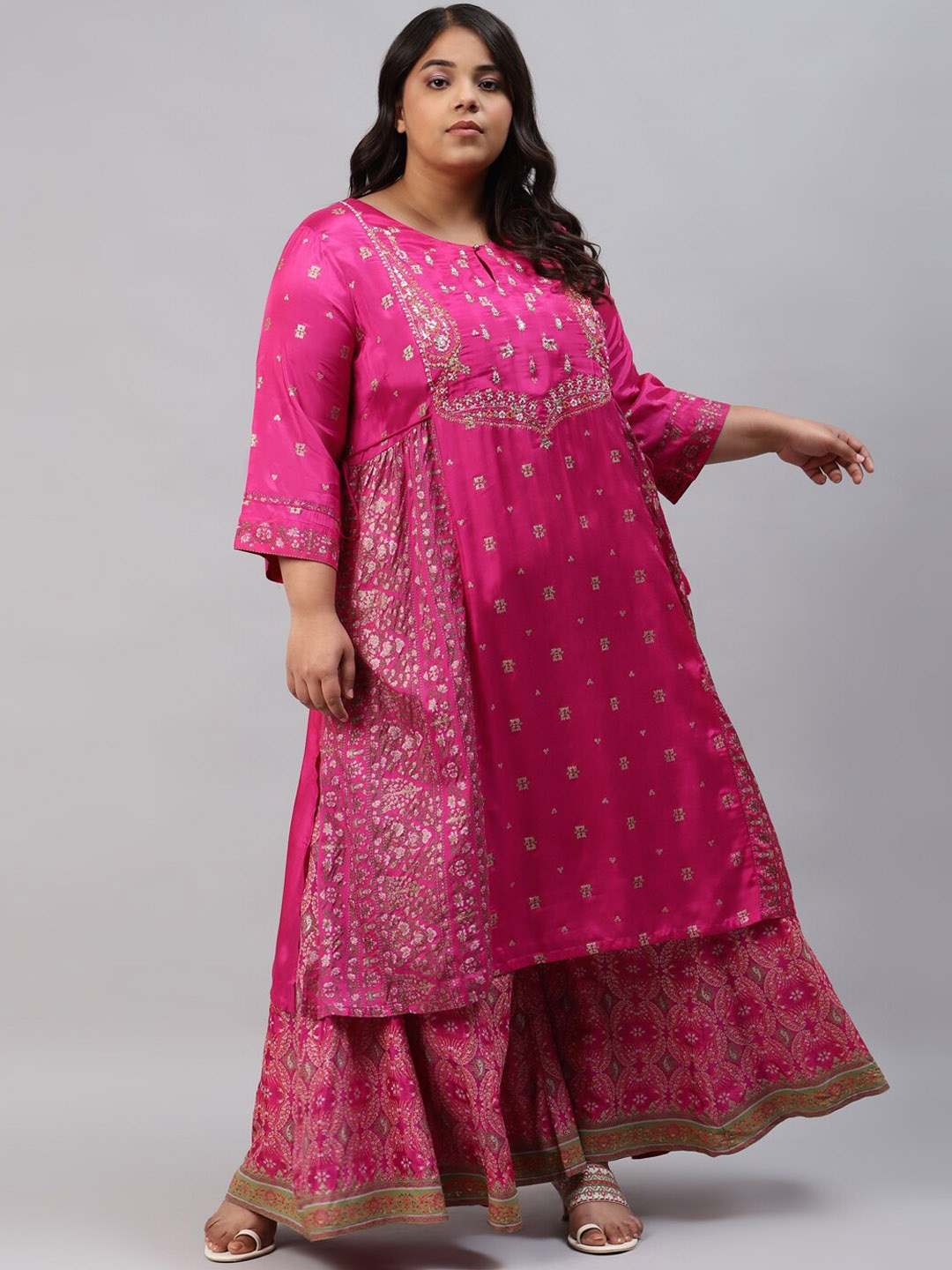 

W Women Plus Size Pink Ethnic Motifs Printed Keyhole Neck Thread Work Kurta
