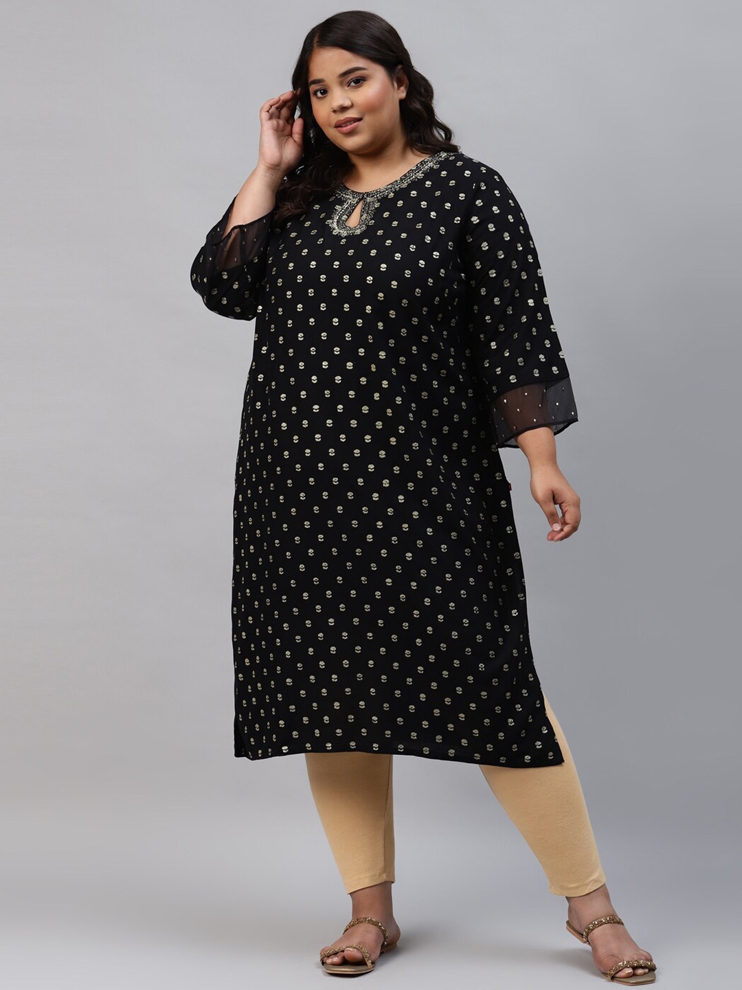 W Women Black Printed Flared Sleeves Kurta