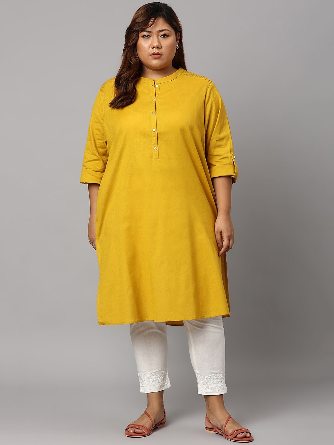

W Women Yellow Thread Work Kurta