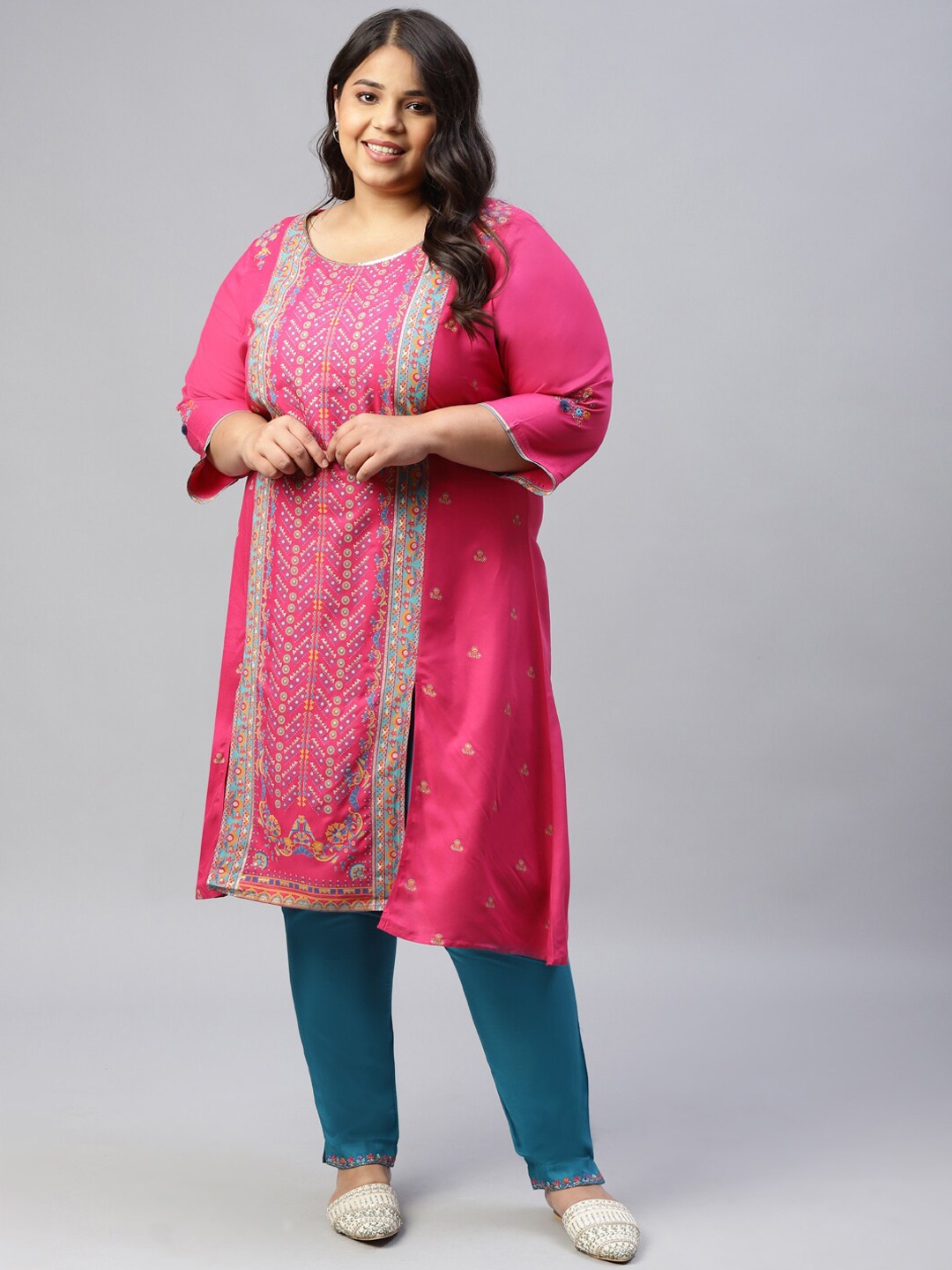 

W Women Plus Size Pink Ethnic Motifs Thread Work Kurta
