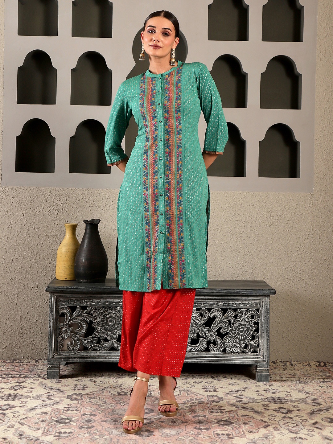 

W Women Green Mandarin Collar Printed Kurta