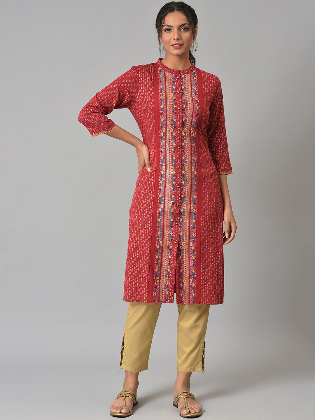 

W Women Maroon Ethnic Motifs Printed Multiple Slits Kurta