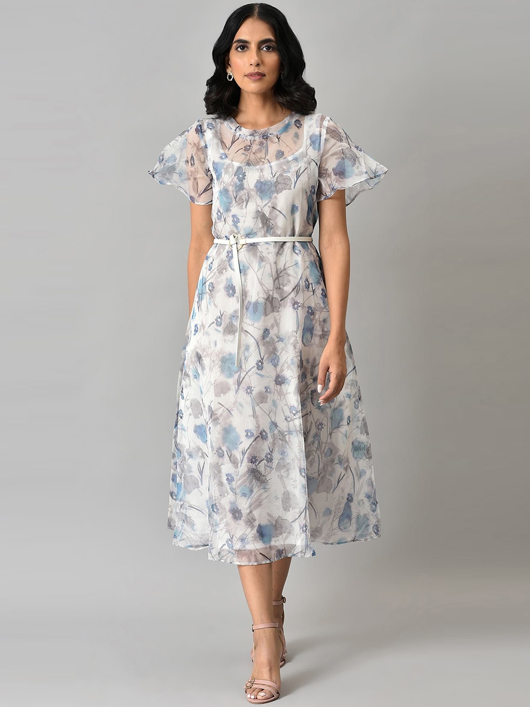 

W Women Off- White & Grey Abstract Printed A-Line Ethnic Dress