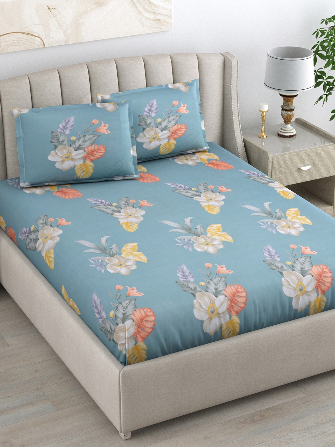 

DREAM WEAVERZ Blue & Yellow Floral 220 TC Cotton Queen Bedsheet with 2 Pillow Covers