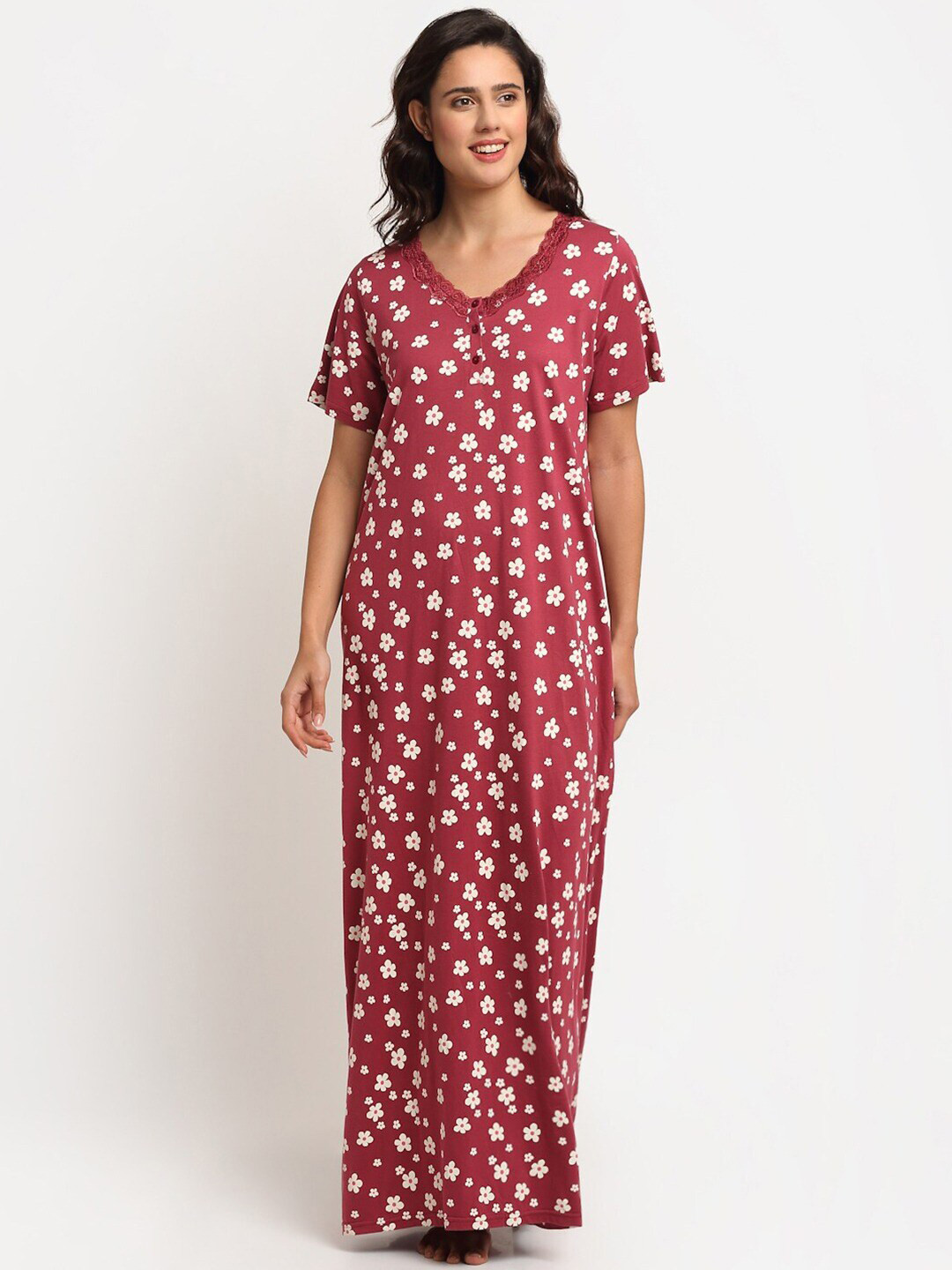 

Kanvin Women Maroon Printed Maxi Nightdress