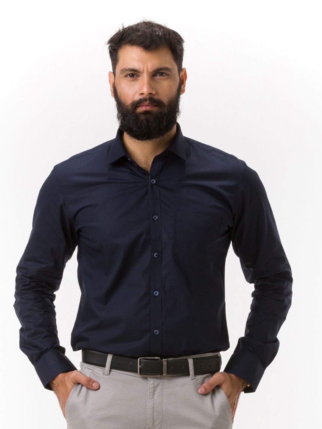 

Hoffmen Men Navy Blue Solid Cotton Comfort Slim Fit Formal Shirt