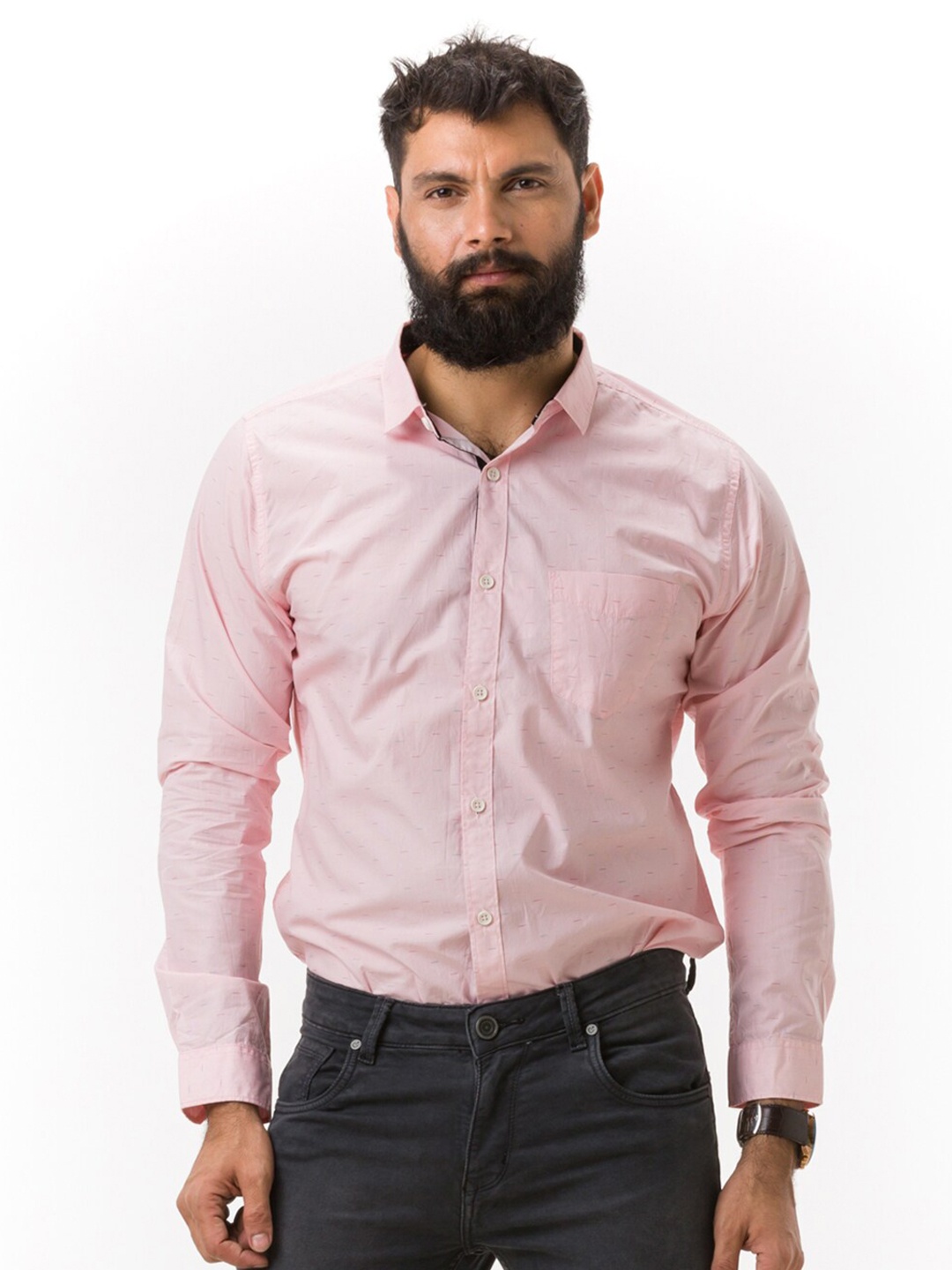 

Hoffmen Men Pink Comfort Slim Fit Printed Cotton Formal Shirt