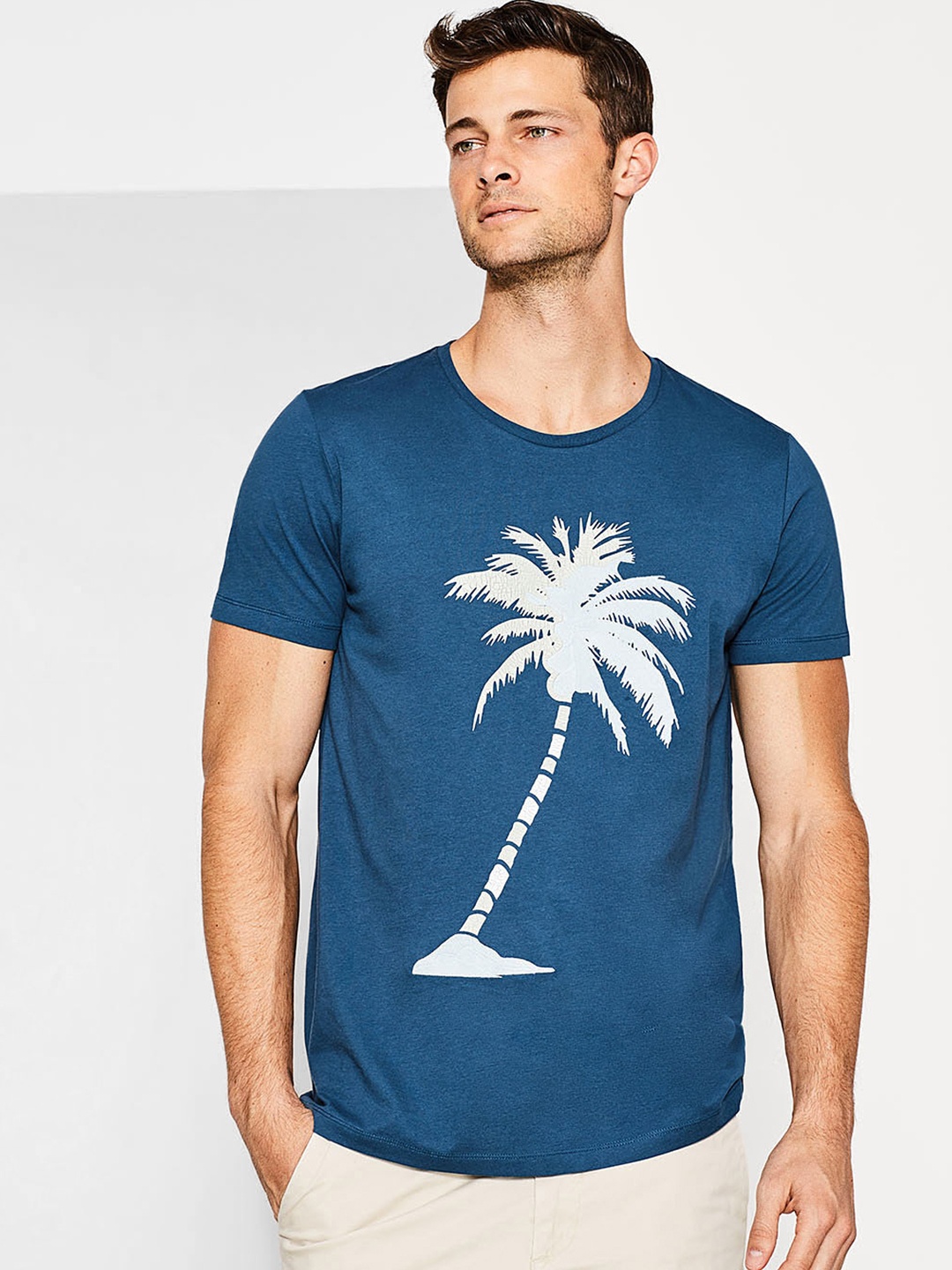 

ESPRIT Men Teal Blue Printed Round Neck T-shirt