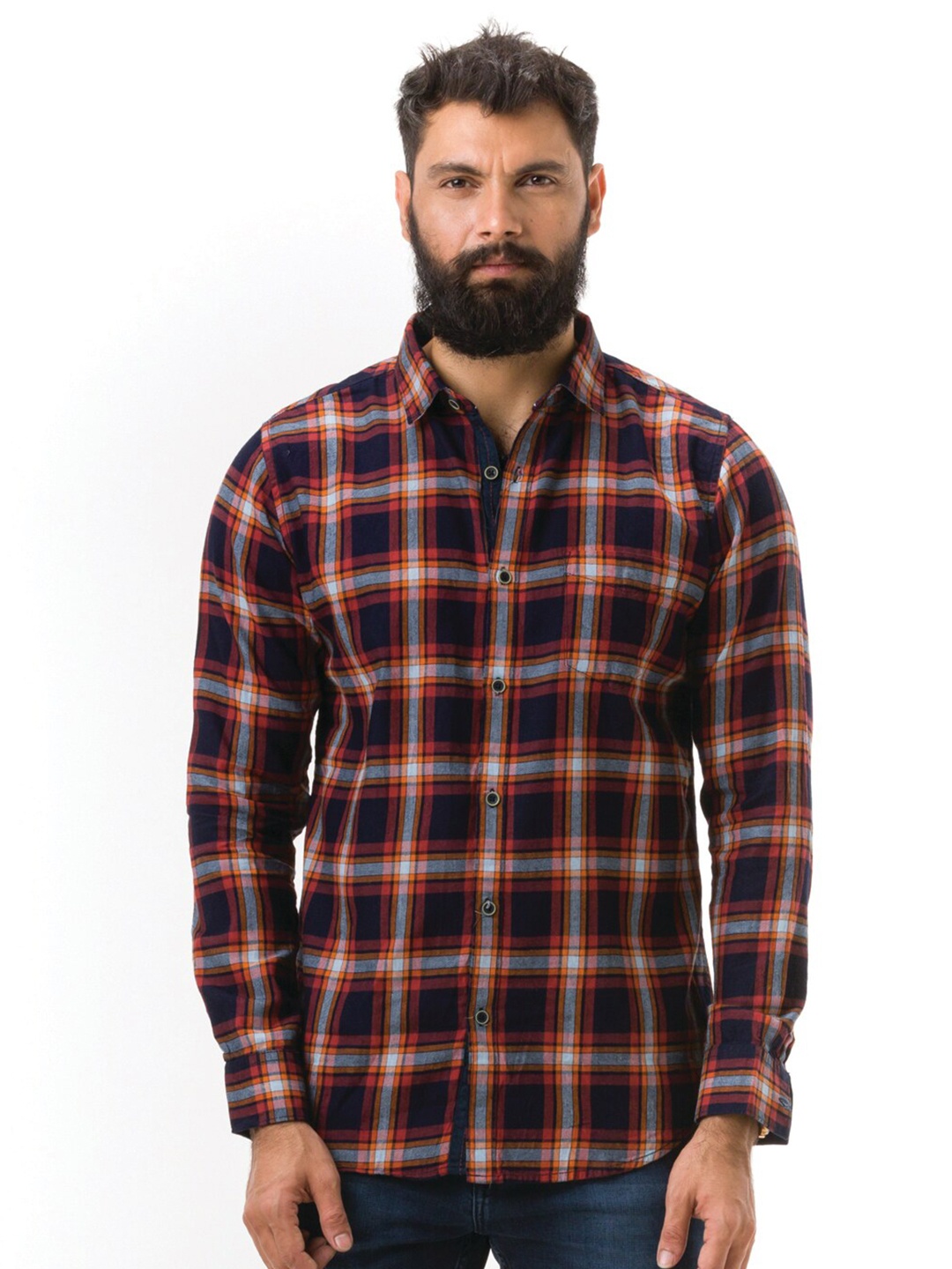 

Hoffmen Men Orange Cotton Comfort Slim Fit Checked Casual Shirt