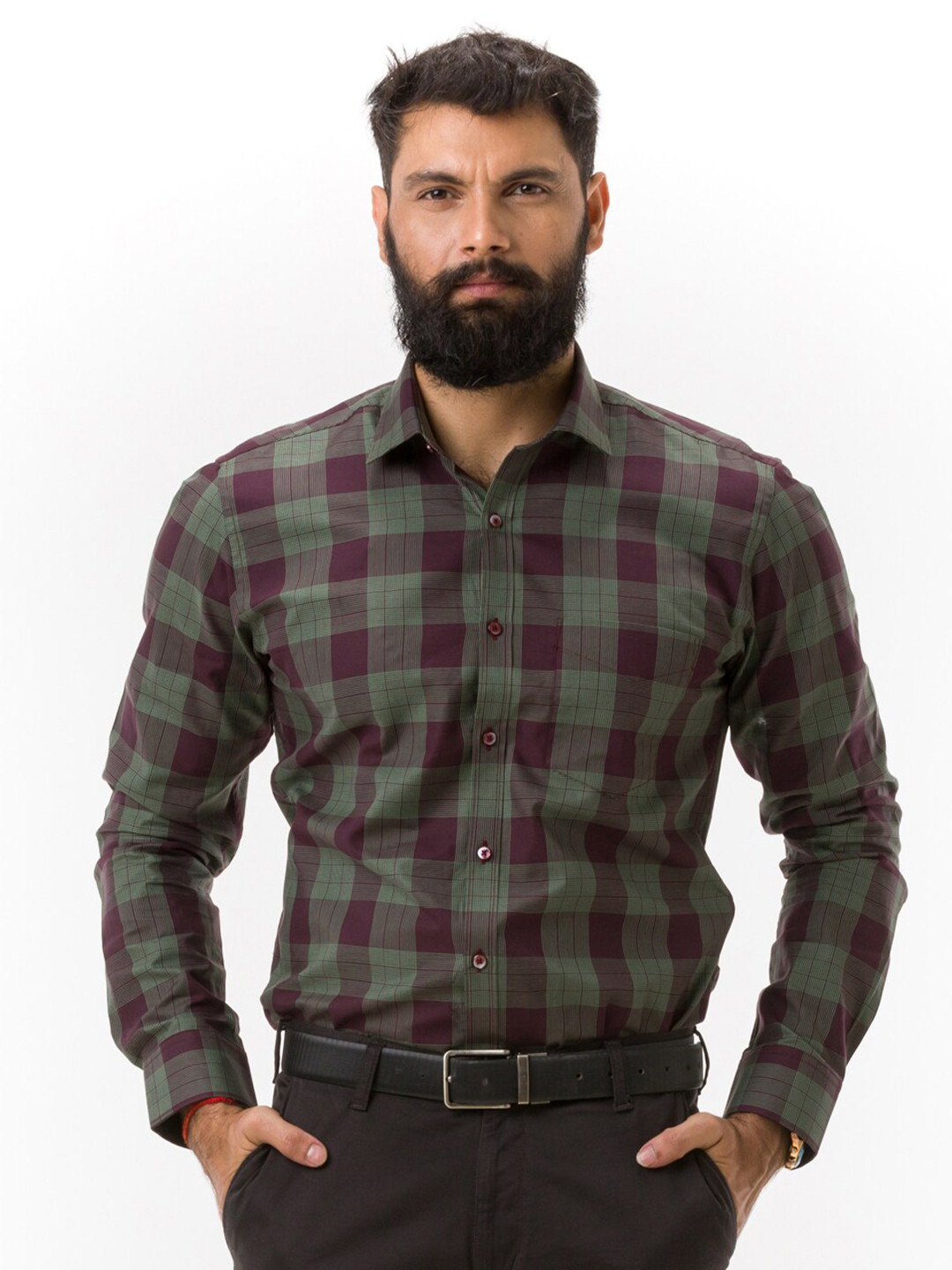 

Hoffmen Men Maroon & Olive Comfort Slim Fit Buffalo Checked Formal Shirt
