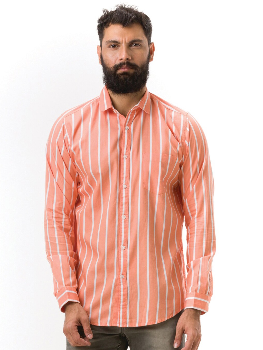

Hoffmen Men Orange Comfort Slim Fit Striped Casual Shirt