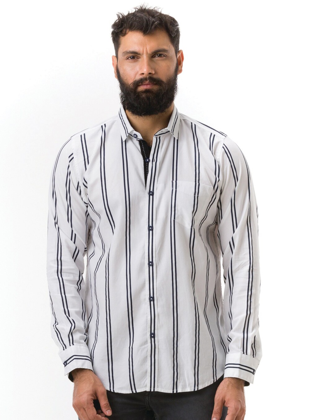 

Hoffmen Men White & Black Striped Cotton Casual Shirt