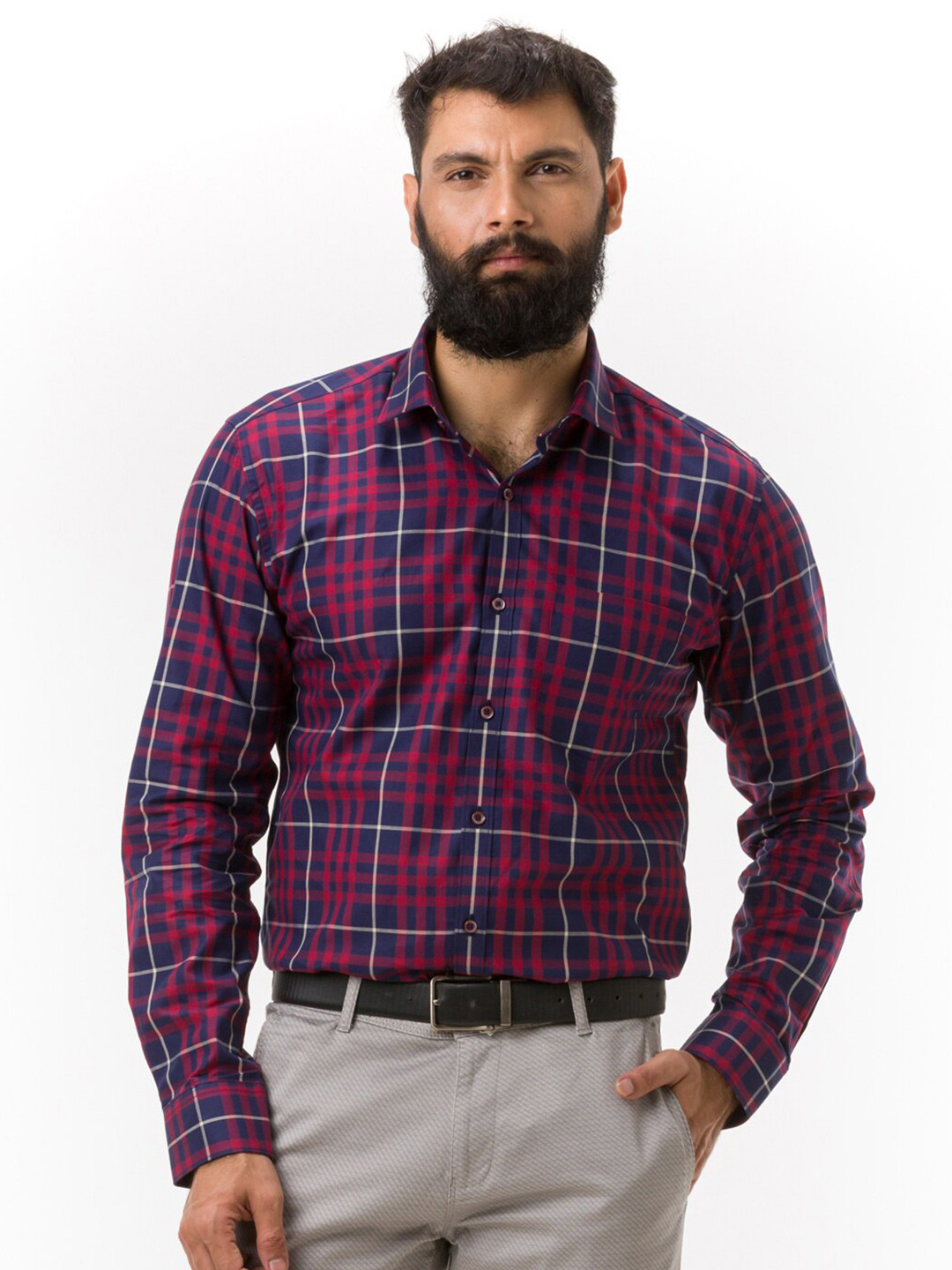 

Hoffmen Men Pink & Blue Comfort Slim Fit Tartan Checks Checked Formal Shirt