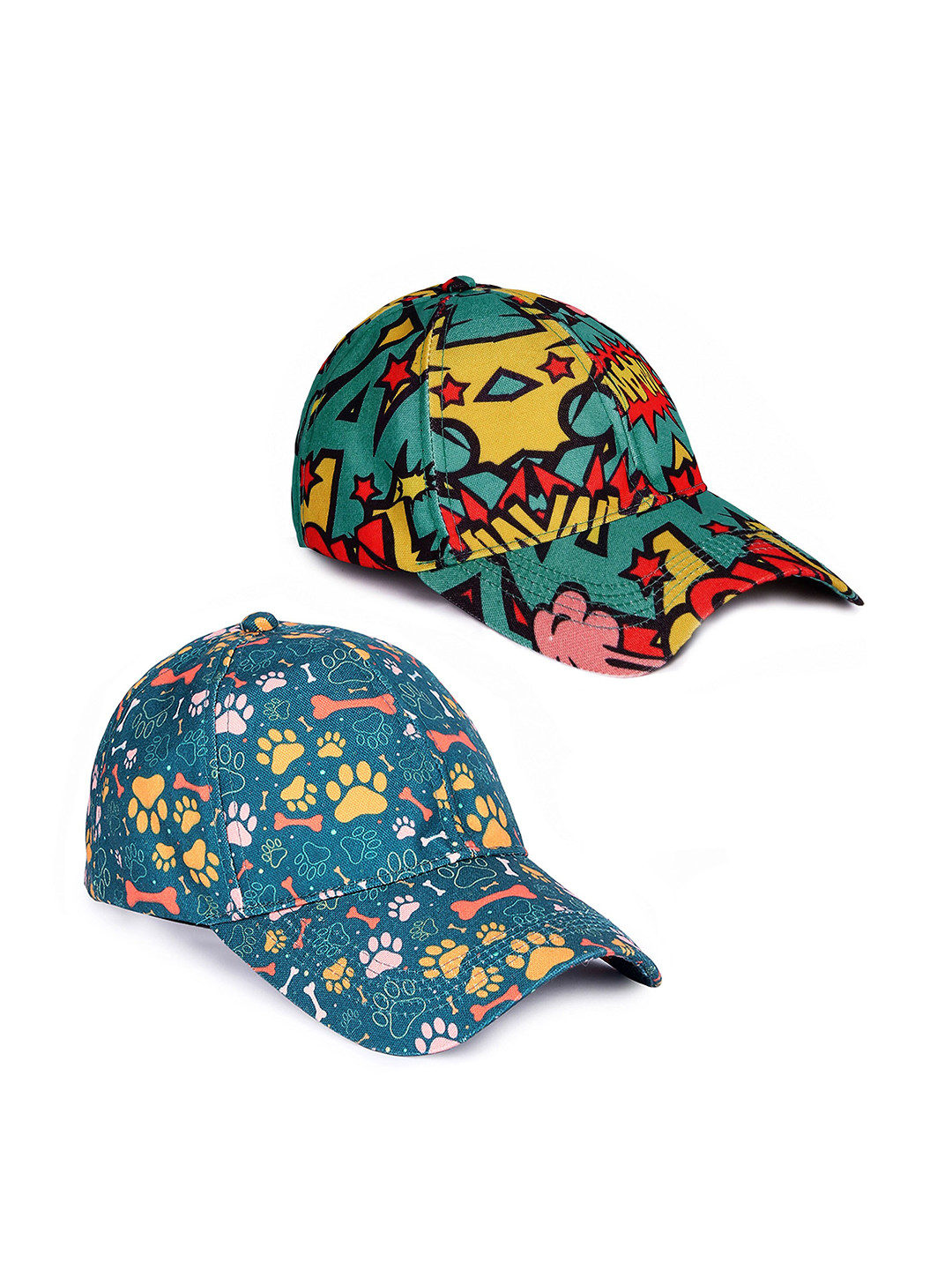 

Knotyy Set Of 2 Teal & Yellow Printed Canvas Snapback Cap