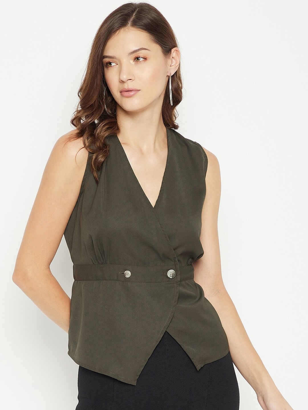 

PURYS Olive Green Crepe Buttoned Wrap Top