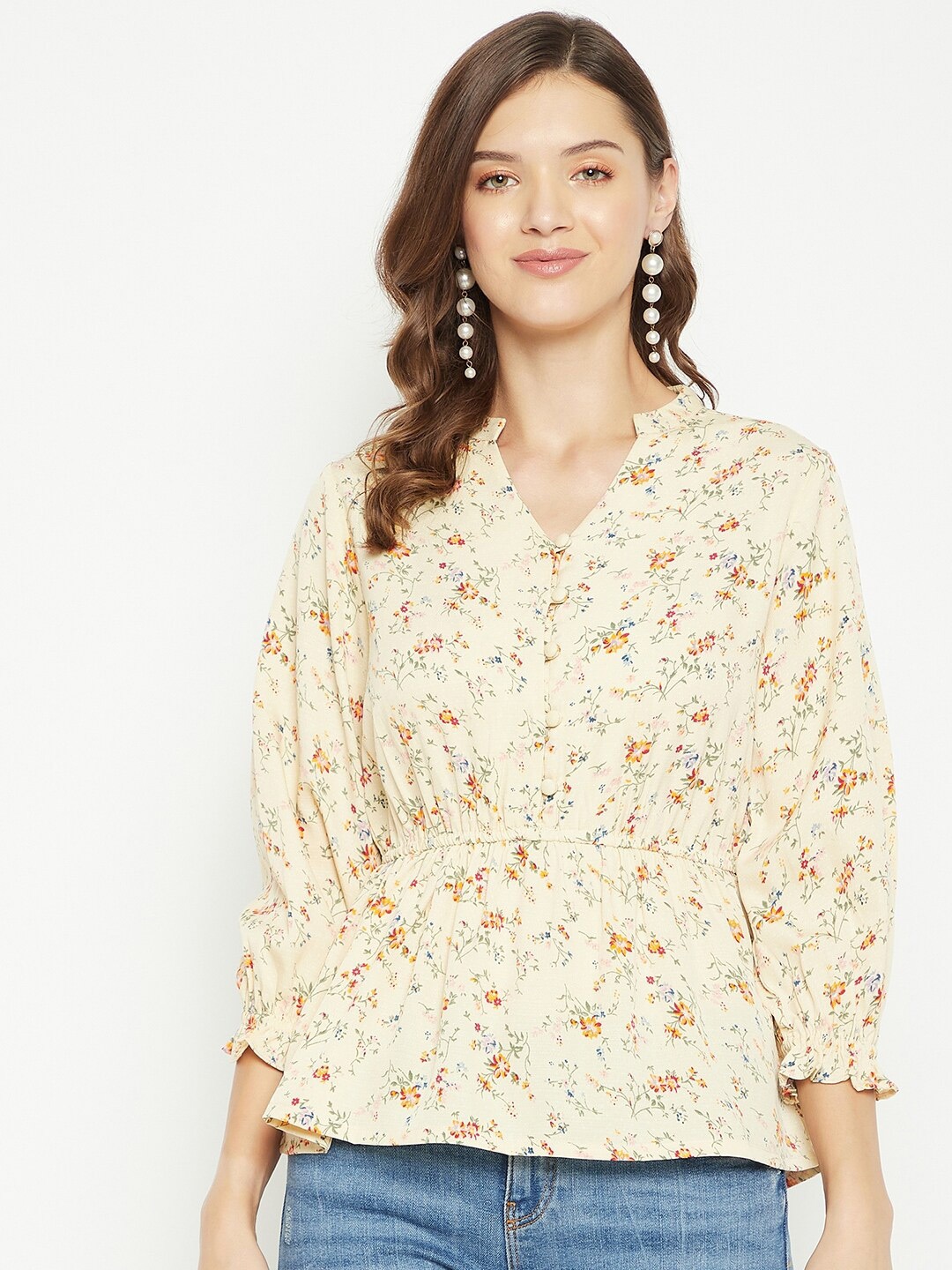 

PURYS Cream-Coloured & Brown Floral Print Mandarin Collar Crepe Top