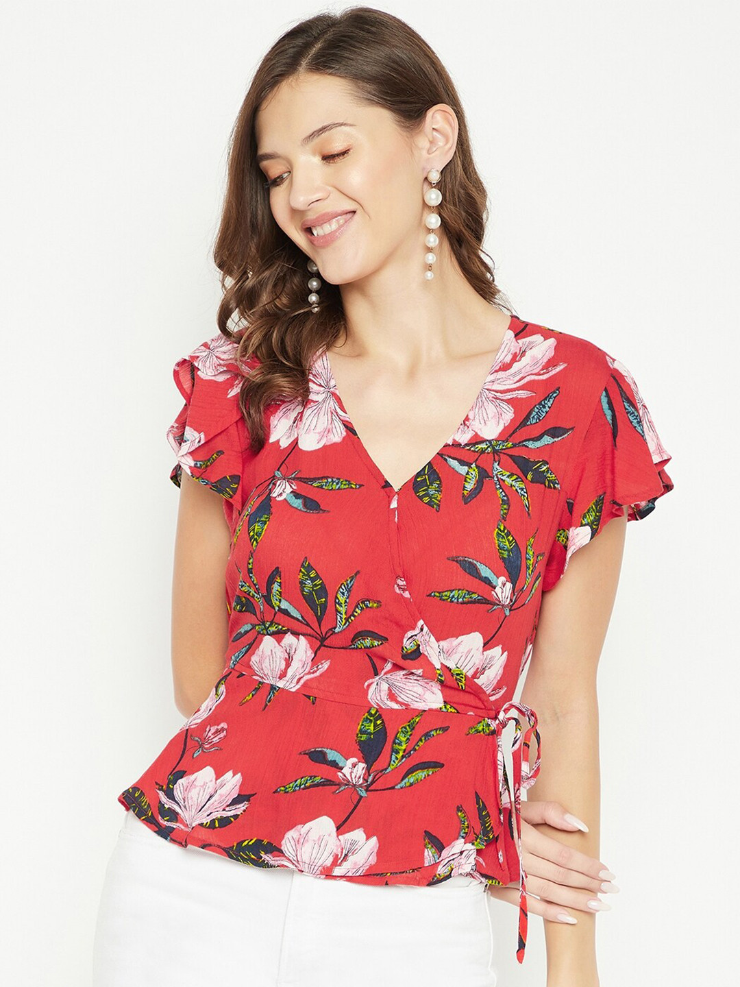 

PURYS Red Floral Print Tropical Crepe Cinched Waist Top