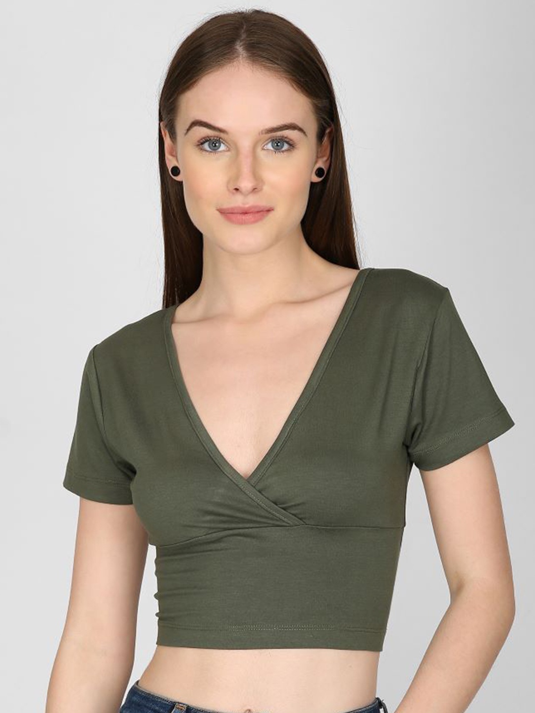 

I Love She Olive Green V Neck Wrap Crop Top