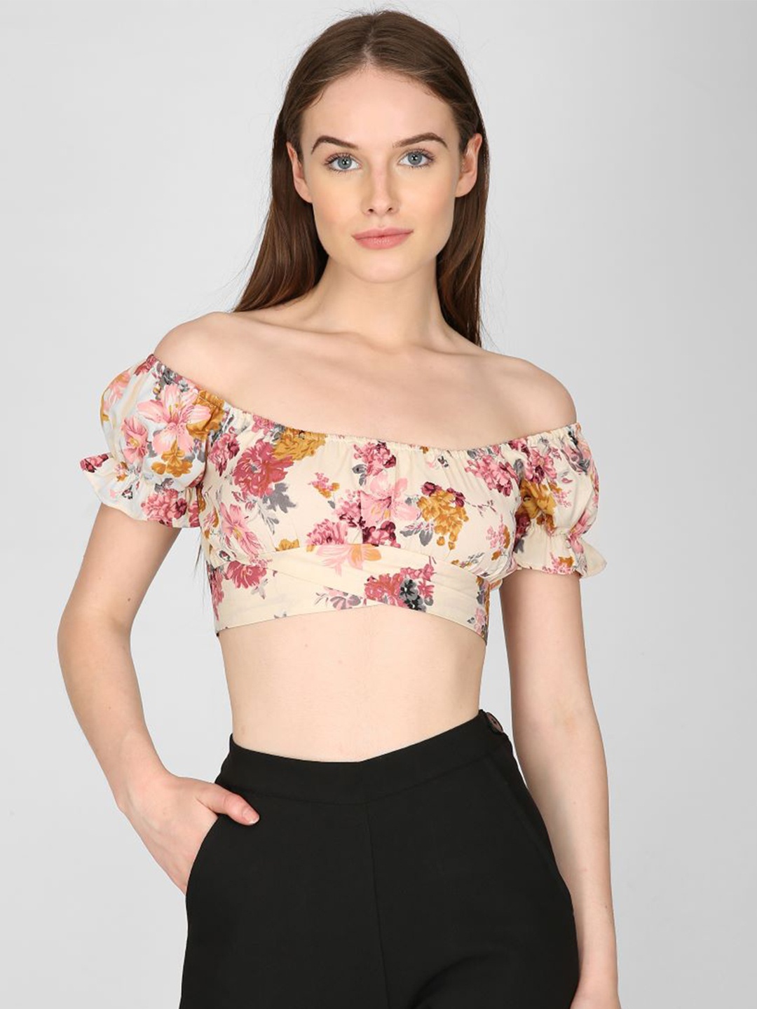 

I Love She Women Off White Floral Print Off-Shoulder Bardot Crop Top