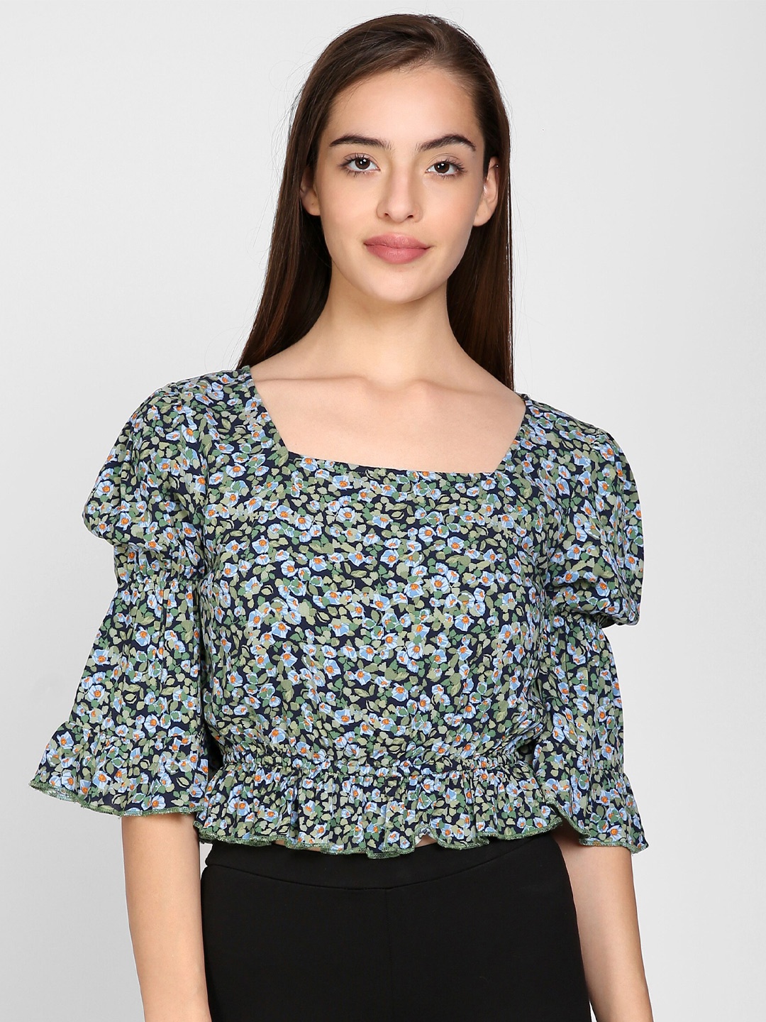 

I Love She Green Floral Print Top