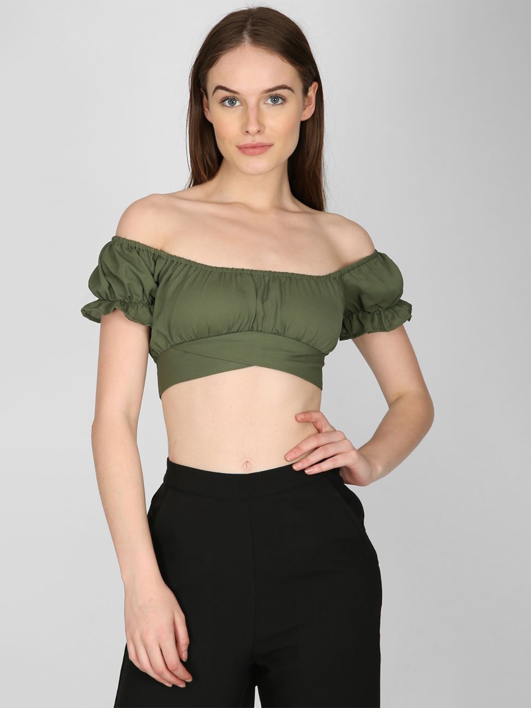 

I Love She Olive Green Off-Shoulder Bardot Crop Top
