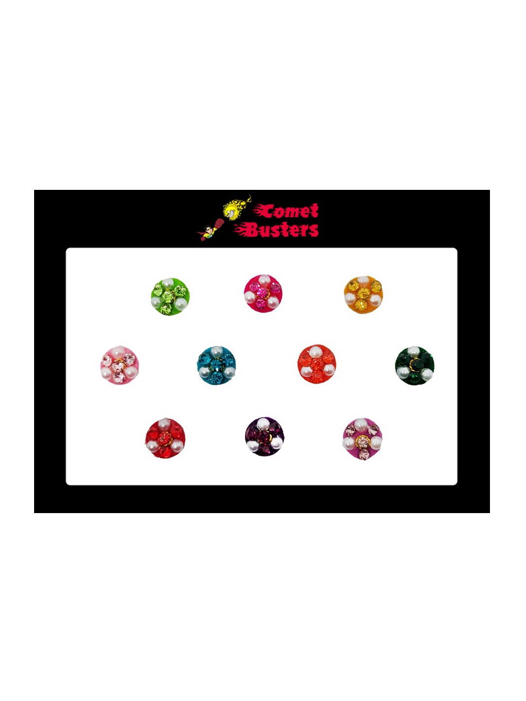 

Comet Busters 10 Pcs Embellished Reusable Designer Bindis - Multicoloured, Multi